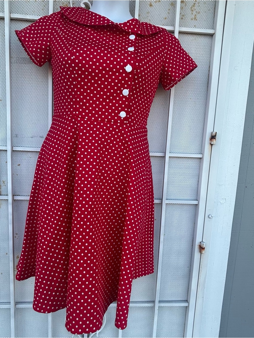 Vintage-Inspired Red Polka Dot Dress M with Peter Collar S/S fit & flare - Picture 2 of 7